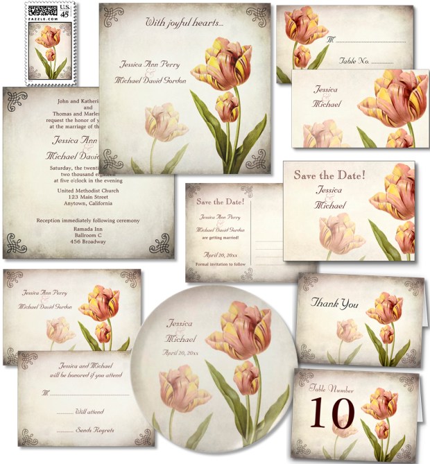 Vintage Pink Parrot Tulip wedding invitation suite